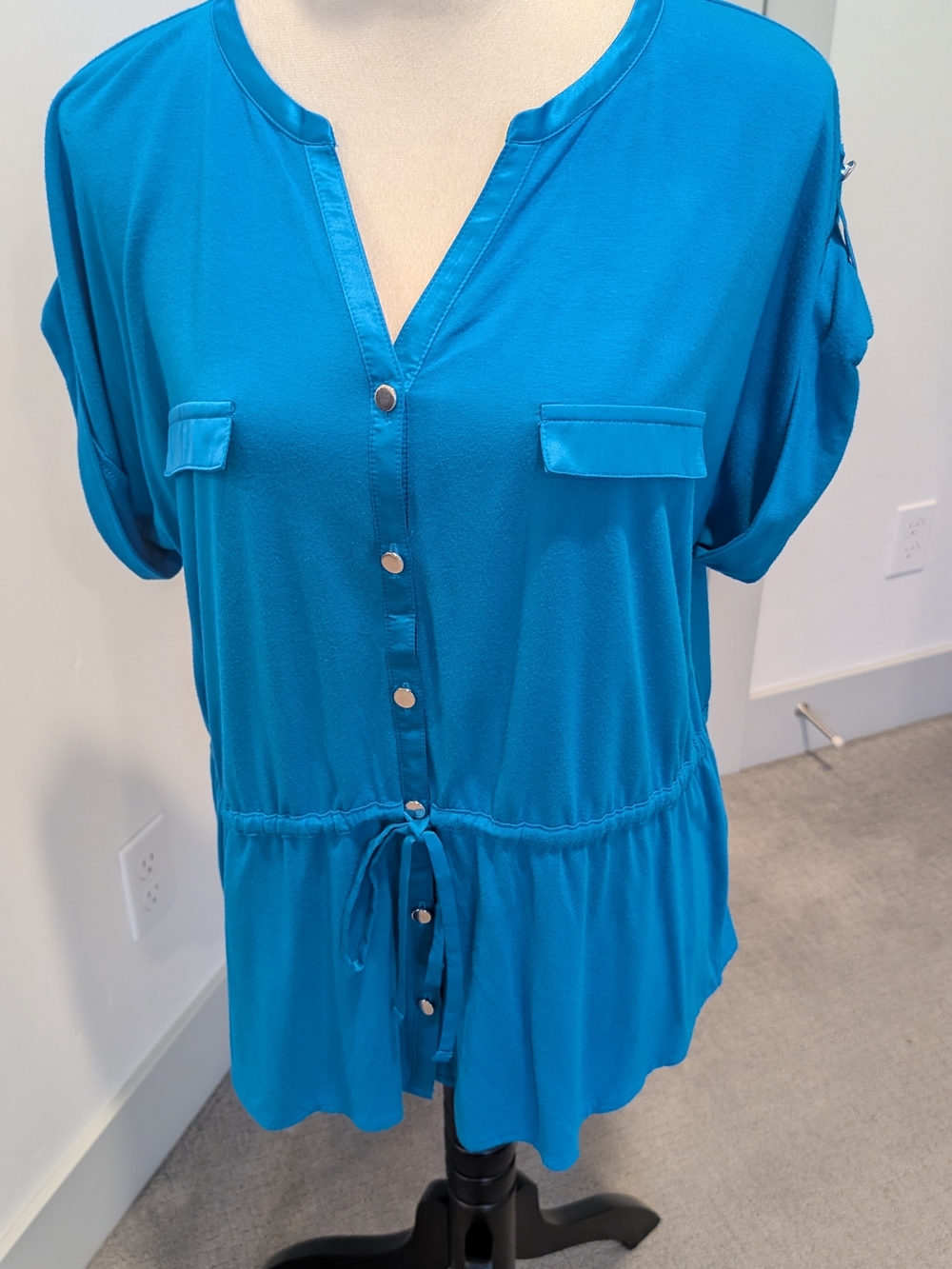 Alfani Teal Button-Front Drawstring Blouse